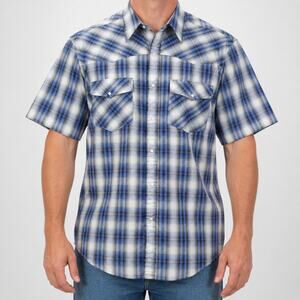 Bit & Bridle Shirt Mens XL Blue White Plaid Western Pearl Snap Short Sleeve